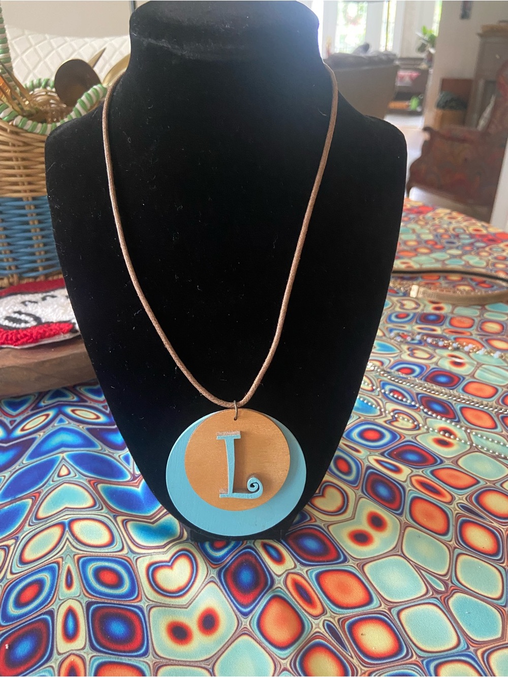 Initial 'L' Layered Wooden Pendant Necklace in Turquoise and Tan